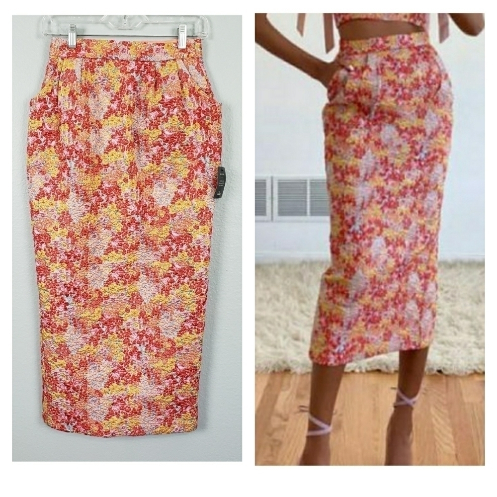LULUS Ellarina Floral Column Skirt Pink Metallic Midi Sz XS Ethereal Twee